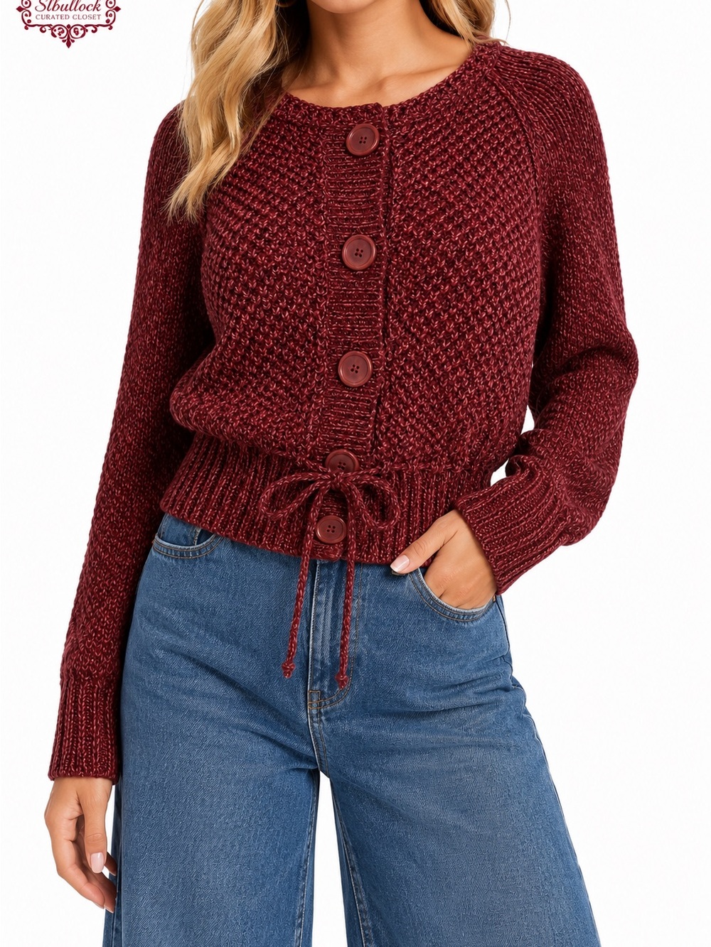 K12 Kenji Natural Size L Burgundy Wool Blend Tie Waist Button Cardigan